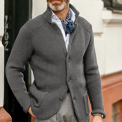 Warm Men's Cardigan - Stand Up Collar, Knitted, Commute