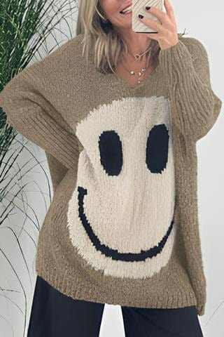Übergroßer gemütlicher Damenpullover - V-Ausschnitt mit strukturierter Strickoptik