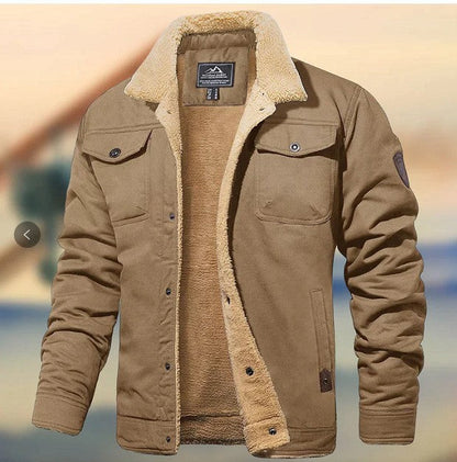 Warm Durable Men's Jacket - Trucker Cut, Sherpa Lined Cotton Canvas, For Fall And Winter