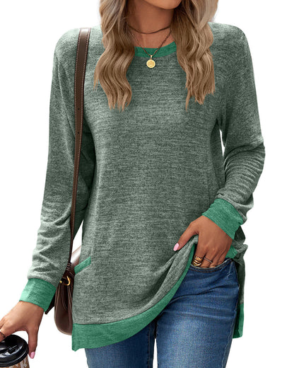 Soft Relaxed Women’s Long Sleeve Pullover - Round Neck Tunic, Cotton Cashmere Knit, Pocketed Mid Length Top For Casual Wear