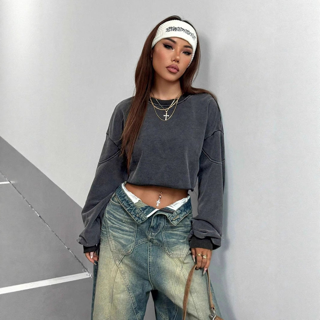 Oversized Damen Crop Top – Boxy mit rohem Saum, Polyester, Freizeit