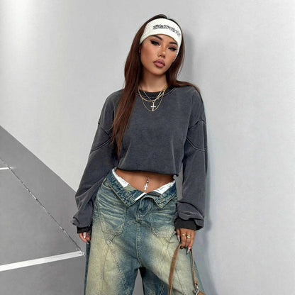 Oversized Damen Crop Top – Boxy mit rohem Saum, Polyester, Freizeit