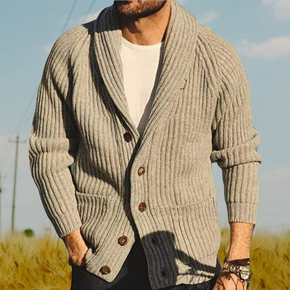 Weicher Herren-Strickjacke mit Schalkragen – Rippstrick, Frühling Herbst