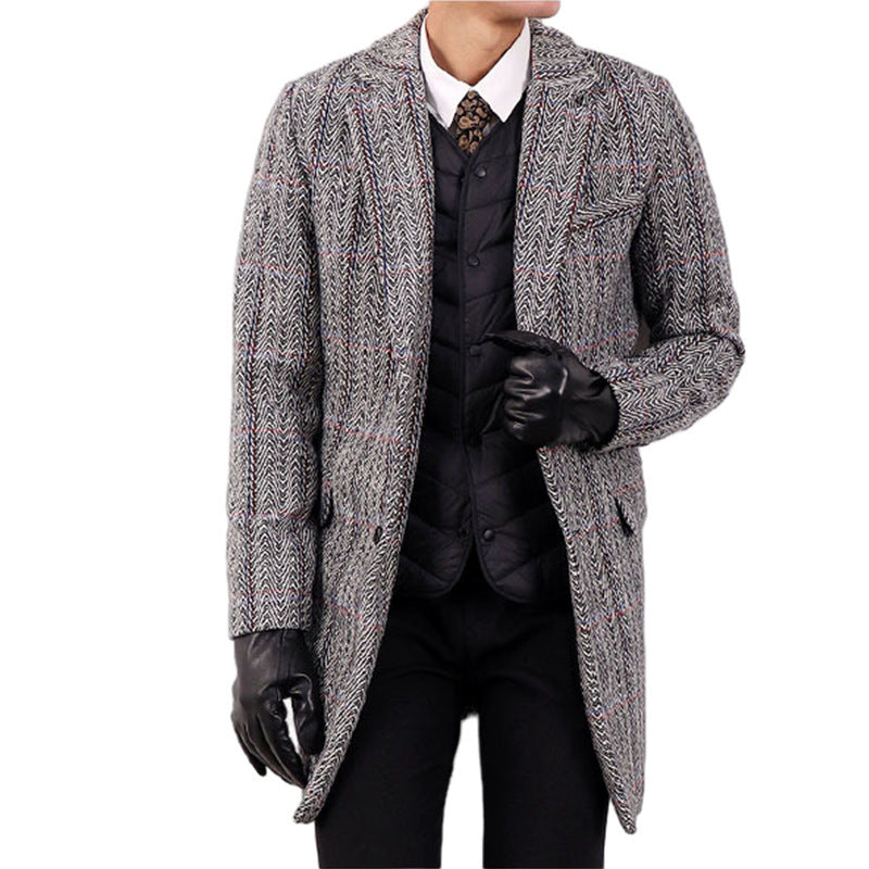 Insulating Men's Overcoat - Tailored Herringbone, Wool, Work