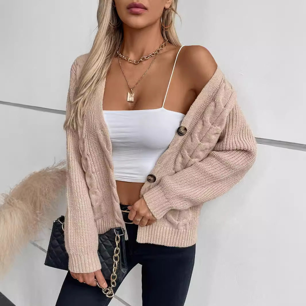 Oversized Women’s Cardigan - Twist Cable Knit V Neck Fall