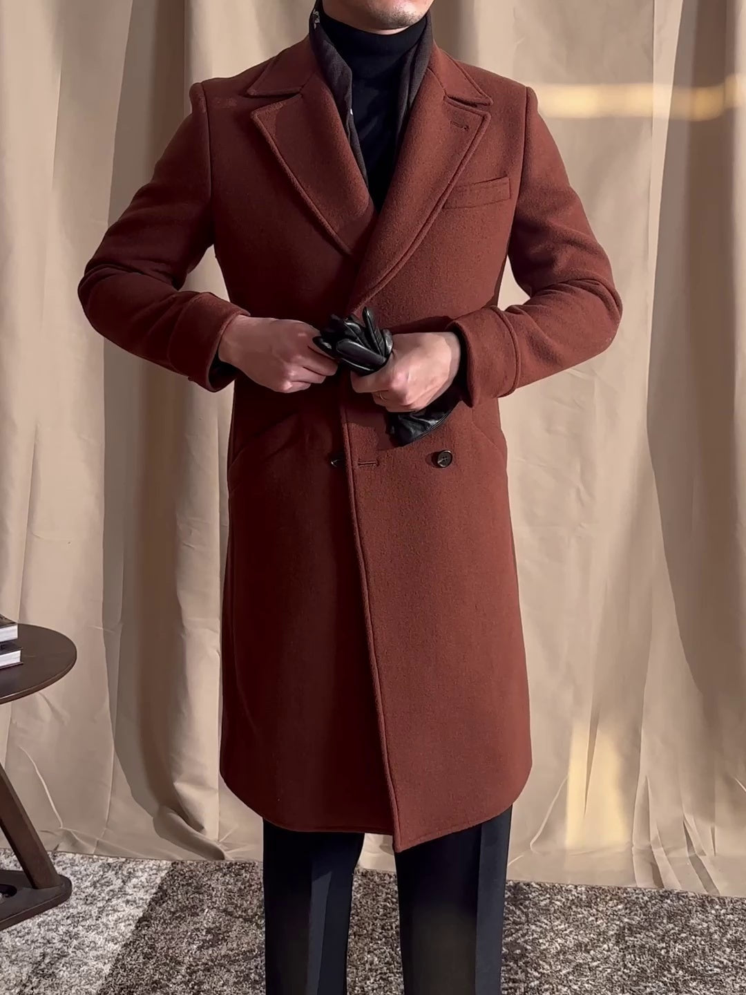 Warm Mens Overcoat - Double-Breasted Midlength Wool Winter