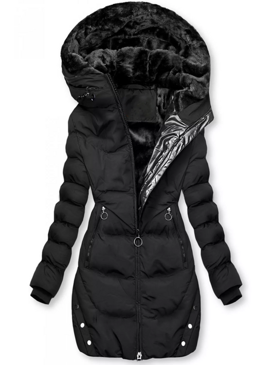 Insulating Women’s Puffer Coat - Tailored Faux Fur Hood