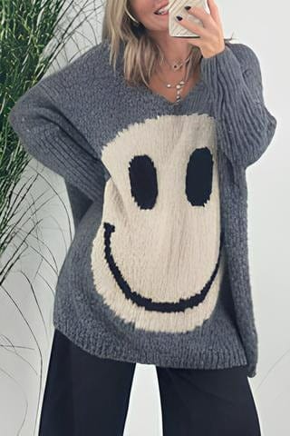 Übergroßer gemütlicher Damenpullover - V-Ausschnitt mit strukturierter Strickoptik