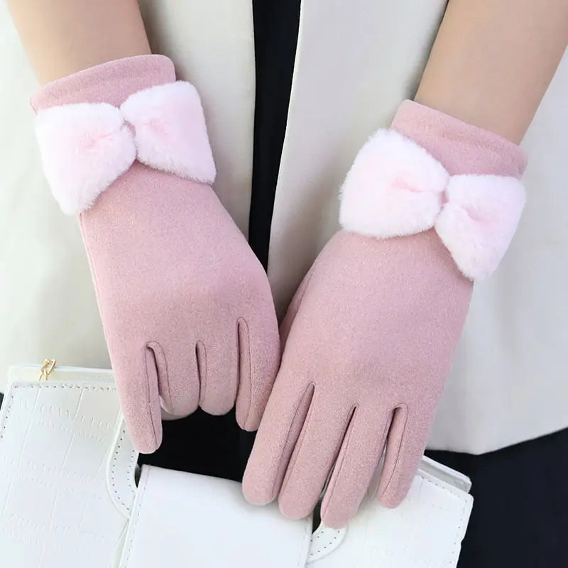 Warm Women Gloves - Bow Cuff, Fleece Lined, For Winter