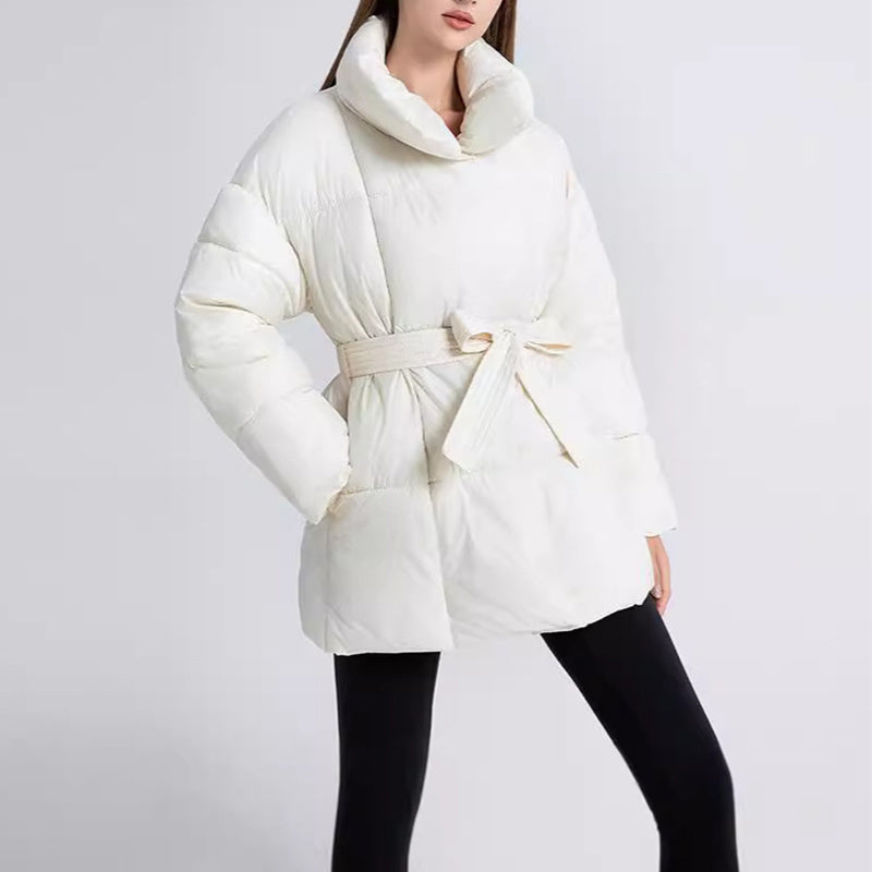 Warm Womens Puffer Coat - Belted Quilted Nylon Midthigh