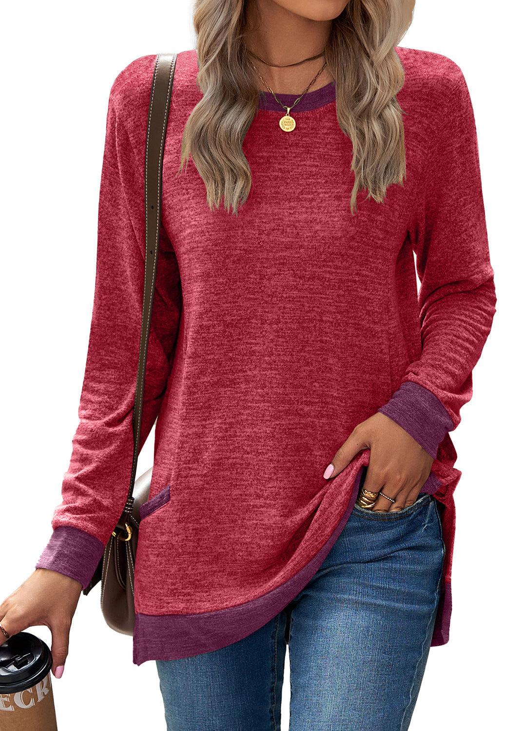 Soft Relaxed Women’s Long Sleeve Pullover - Round Neck Tunic, Cotton Cashmere Knit, Pocketed Mid Length Top For Casual Wear