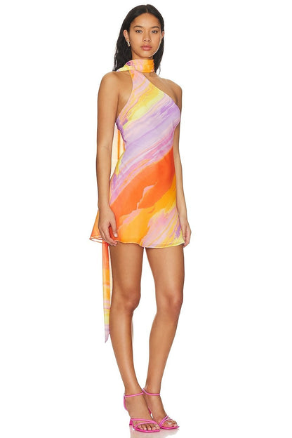 Silk Mini Dress for Women in Tropical Sunset Design, Lightweight Summer Dress for Beach and Evening Events-5