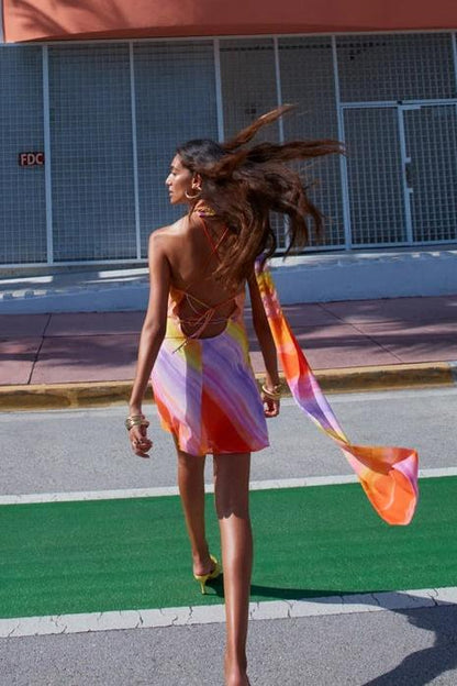 Silk Mini Dress for Women in Tropical Sunset Design, Lightweight Summer Dress for Beach and Evening Events-3