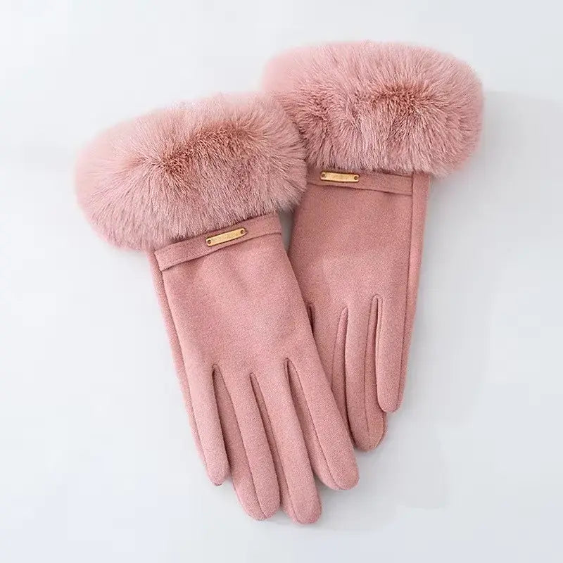 Insulating Women's Gloves - Fur Cuff, Suede, For Commuting