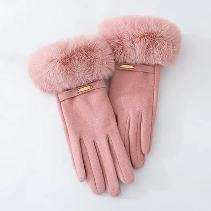 Insulating Women's Gloves - Fur Cuff, Suede, For Commuting