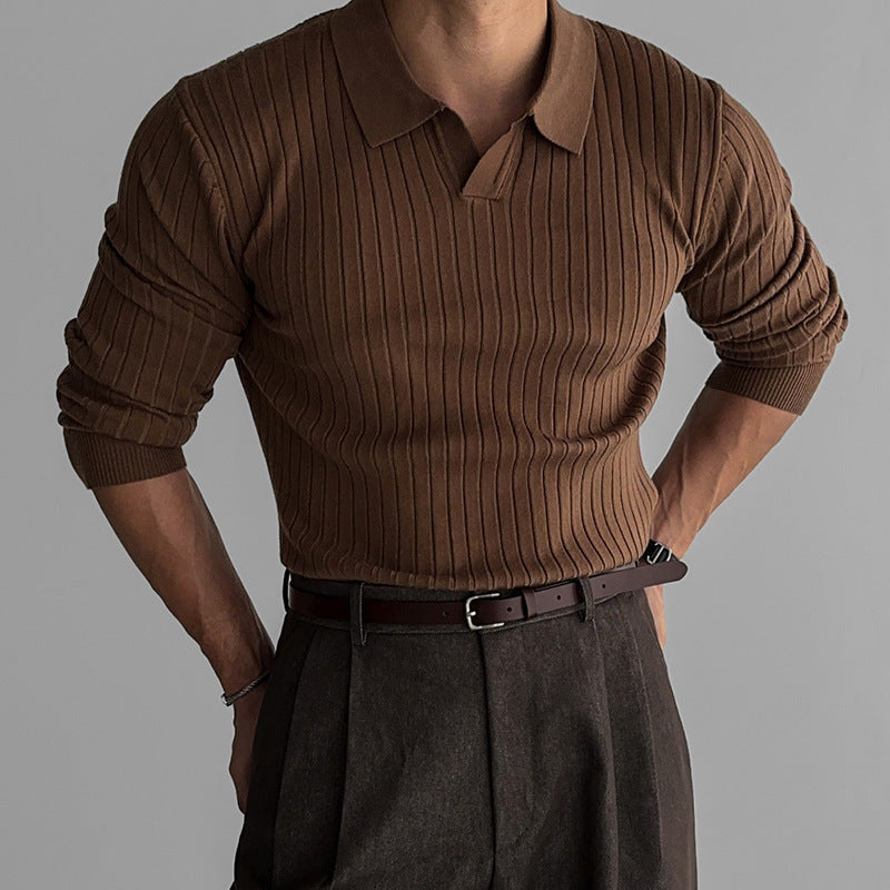 Fitted Men's Long Sleeve Polo Shirt - Ribbed Knit, Casual