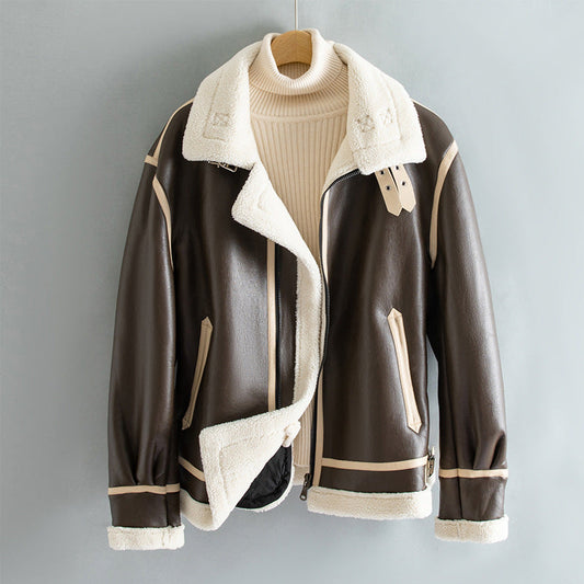 Warm Unisex Jacket - Shearling-Lined Faux Leather, Biker Style, Zip Front, For Winter Wear