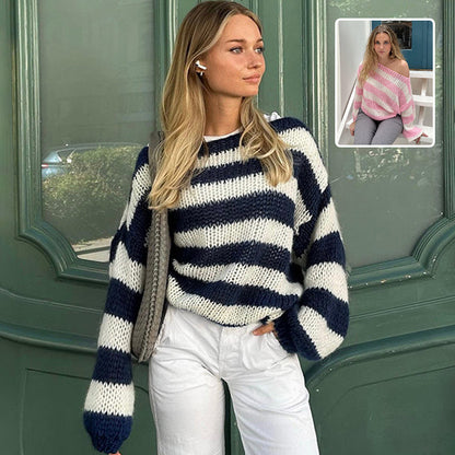 Oversized Cozy Women’s Pullover Sweater - Striped Knit