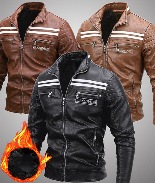 Warm men's leather motorcycle jacket - biker-cut with quilted shoulders and racing stripes, PU leather, for autumn rides