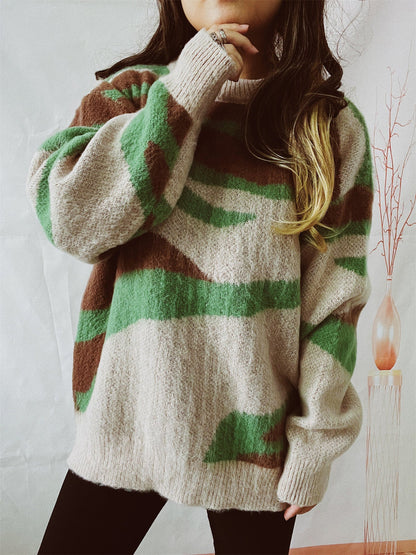 Oversized Women Sweater - Irregular Striped, Knit, Casual