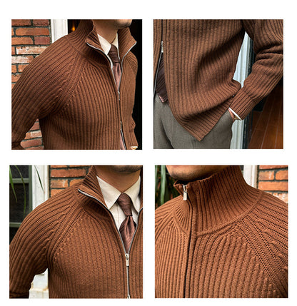 Cardigan ajusté pour homme - Col montant, tricot côtelé slim