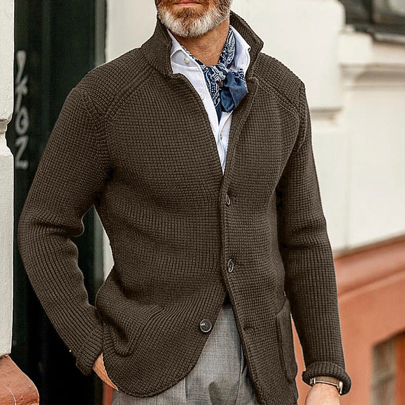 Warm Men's Cardigan - Stand Up Collar, Knitted, Commute