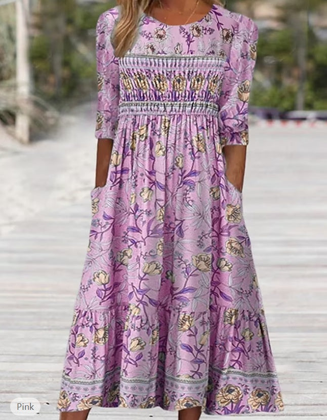 Lightweight women's maxi dress – A-line, ethnic-print, polyester, for casual summer outings