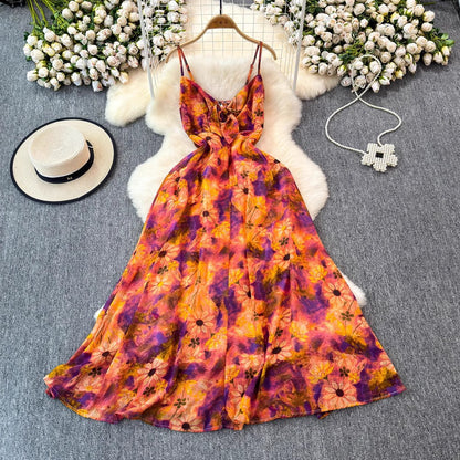 Leichtes Damenkleid – V-Ausschnitt mit Trägern, verstellbare Taille, Blumenmuster, für den Sommer