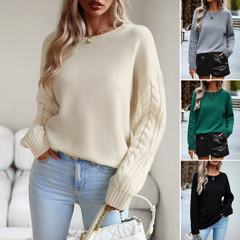 Soft Cozy Women Sweater - Round Neck, Cable Knit Wool