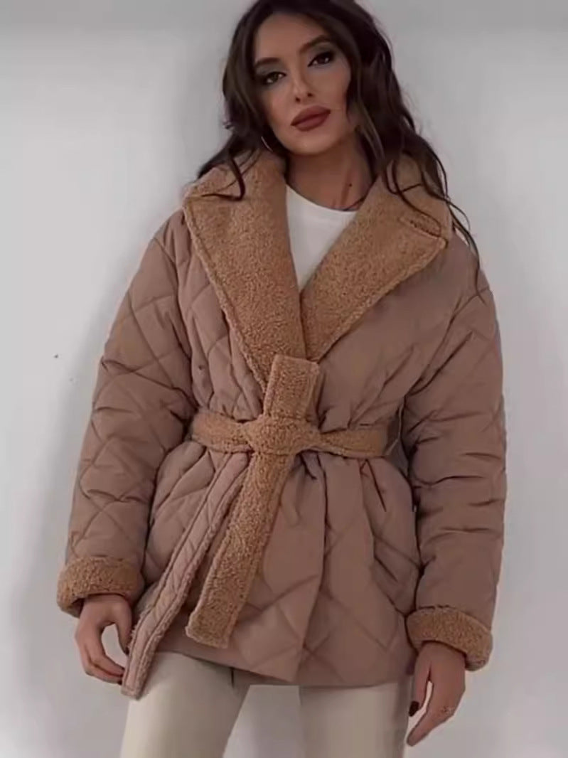 Warm Womens Coat - Quilted Sherpa Lapel, Belted Winter