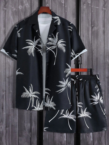 Men's Summer Set with Tropical Print, Lightweight Shirt and Shorts, Relaxed Fit for Warm Weather Casual Outings-2
