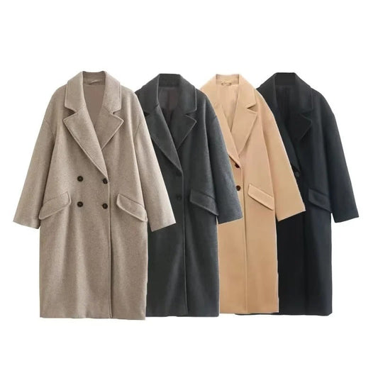 Oversized Women Coat - Double Breasted, Polyester, Citywear