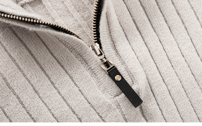 Fitted Men's Half Turtleneck Zip Sweater - Ribbed Knit