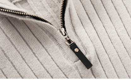 Fitted Men's Half Turtleneck Zip Sweater - Ribbed Knit