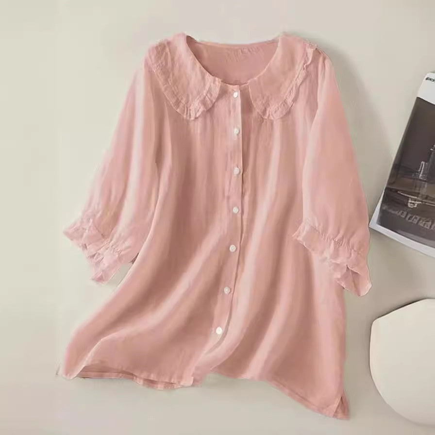 Soft women's shirt - Claudine collar, half-sleeve, relaxed fit, casual everyday wear with denim