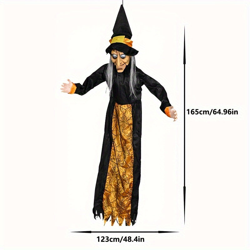 5-Foot Animated Halloween Witch Decor with Red LED Eyes – Talking Hanging Witch for Haunted Houses, Outdoor Lawn, and Yard Displays