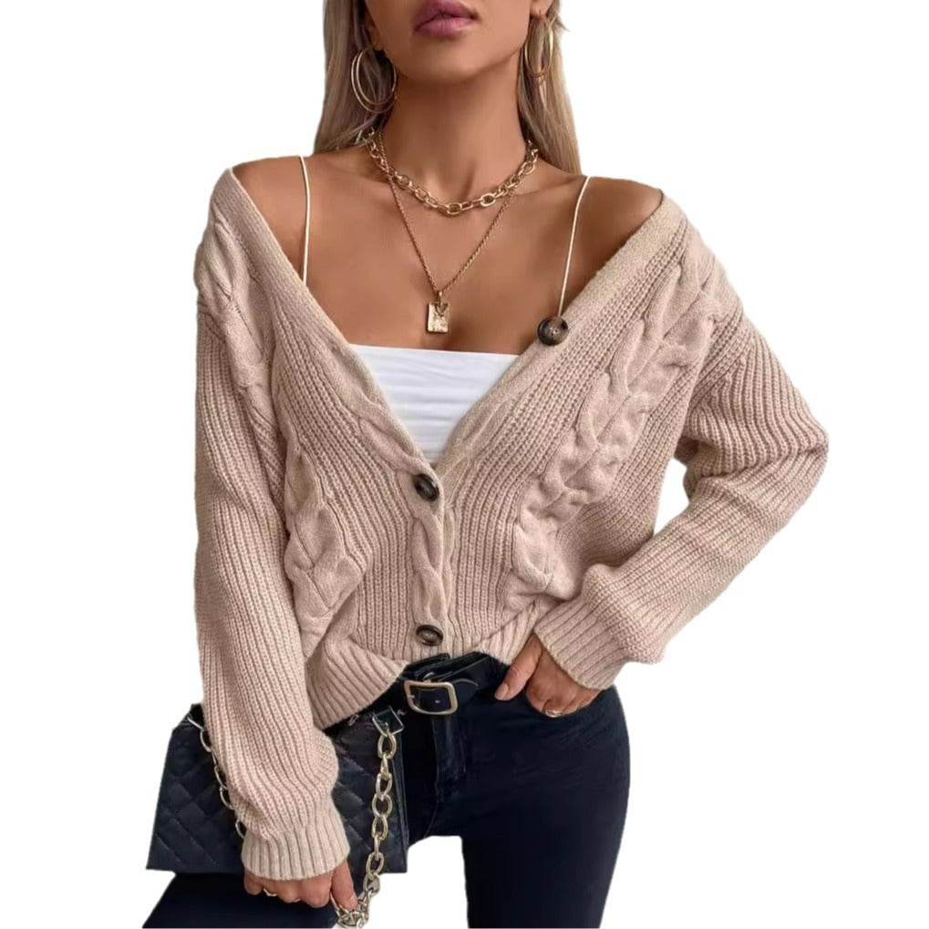 Oversized Women’s Cardigan - Twist Cable Knit V Neck Fall