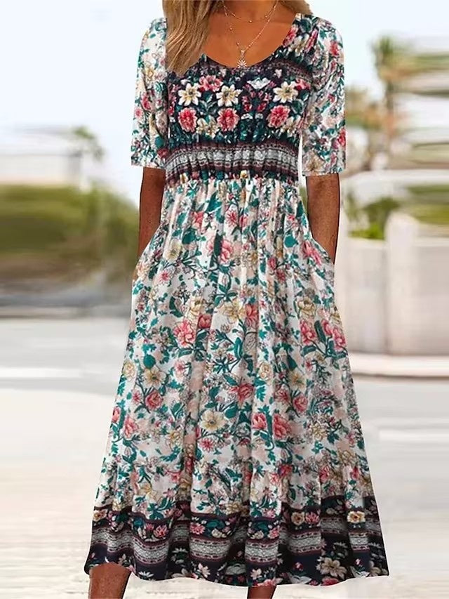 Lightweight women's maxi dress – A-line, ethnic-print, polyester, for casual summer outings