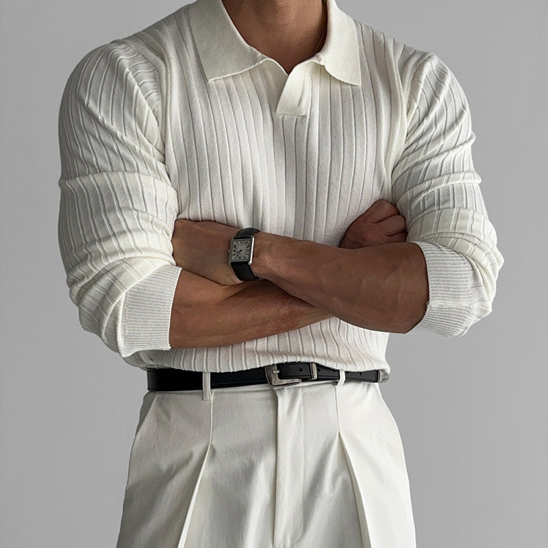 Fitted Men's Long Sleeve Polo Shirt - Ribbed Knit, Casual