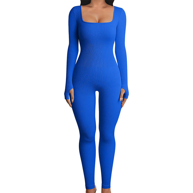 Stretchy Flattering Women’s Jumpsuit – Long Sleeve Square Neck, Ribbed Nylon-Spandex, Seamless Yoga Athleisure