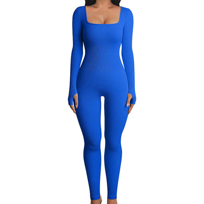 Stretchy Flattering Women’s Jumpsuit – Long Sleeve Square Neck, Ribbed Nylon-Spandex, Seamless Yoga Athleisure