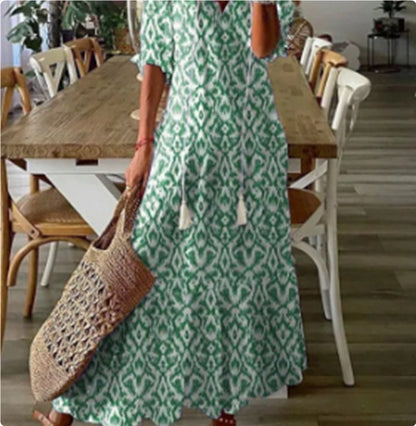 Vestito leggero da donna - stampa bohemien, scollo a V, maniche lunghe, vita media, abbigliamento casual quotidiano