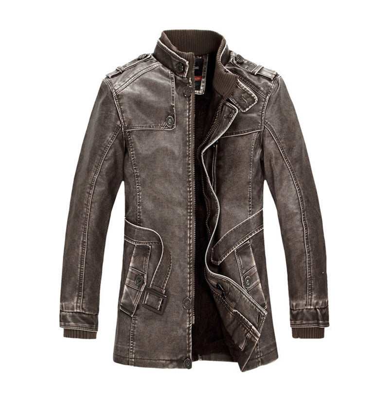 Durable Men's Leather Jacket - Classic Stand-Up Collar, Zip-Front, Belted Waist, PU Leather, Casual Fall and Winter
