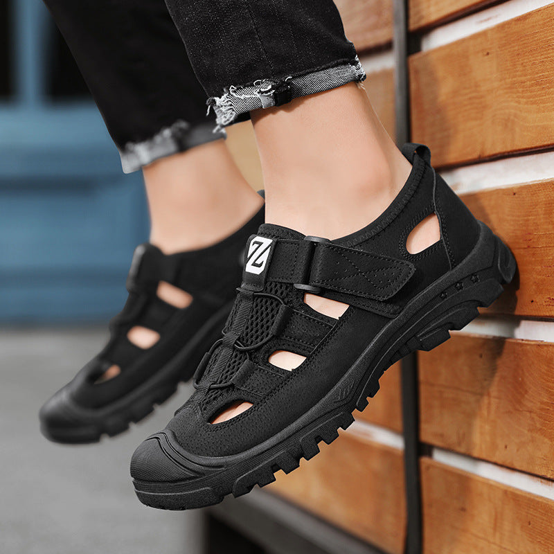 Breathable durable men's sandals - closed-toe, strappy, synthetic leather, casual outdoor