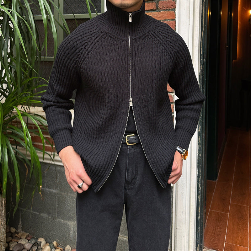 Cardigan ajusté pour homme - Col montant, tricot côtelé slim