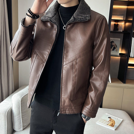 Warm durable men's leather bomber jacket - velvet-collar, PU leather, casual wear