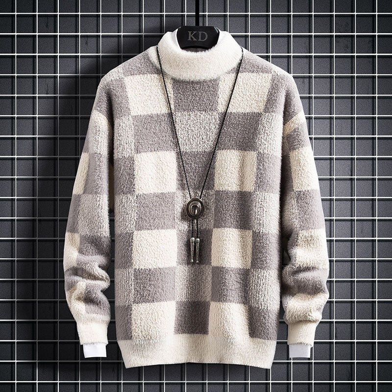 Warm Mens Crew Sweater - Checked Knit, Nylon, For Winter