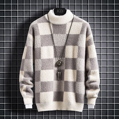 Warm Mens Crew Sweater - Checked Knit, Nylon, For Winter