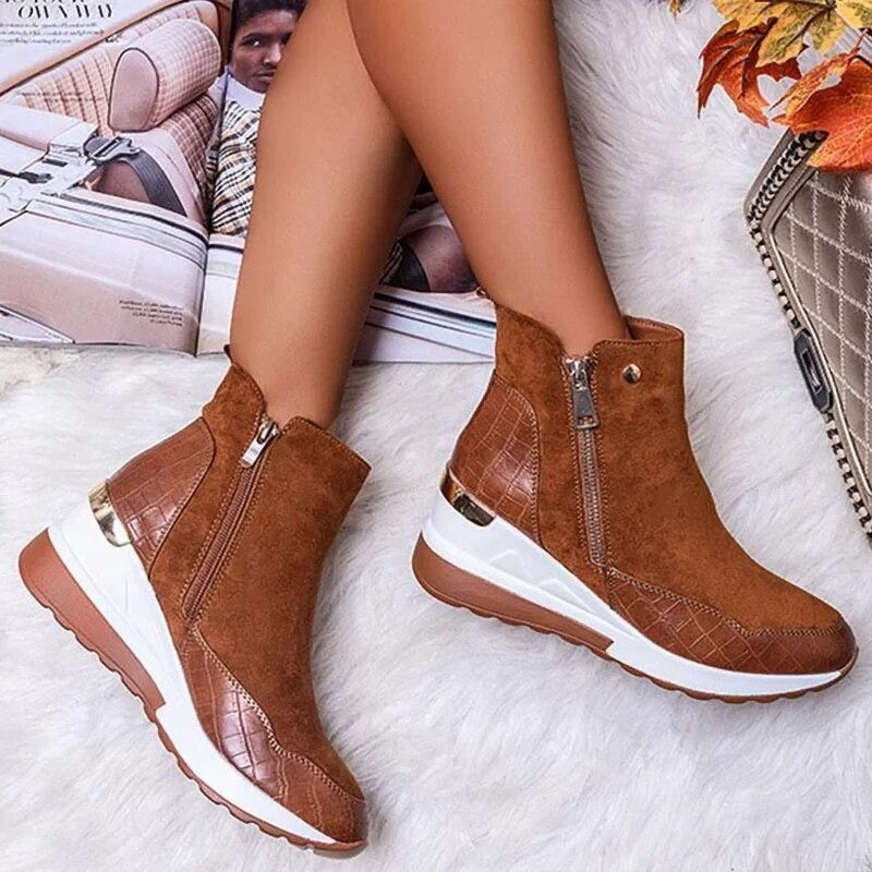 Waterproof Cozy Women’s Ankle Boots - Wedge Suede Heel