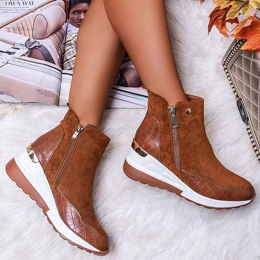Waterproof Cozy Women’s Ankle Boots - Wedge Suede Heel